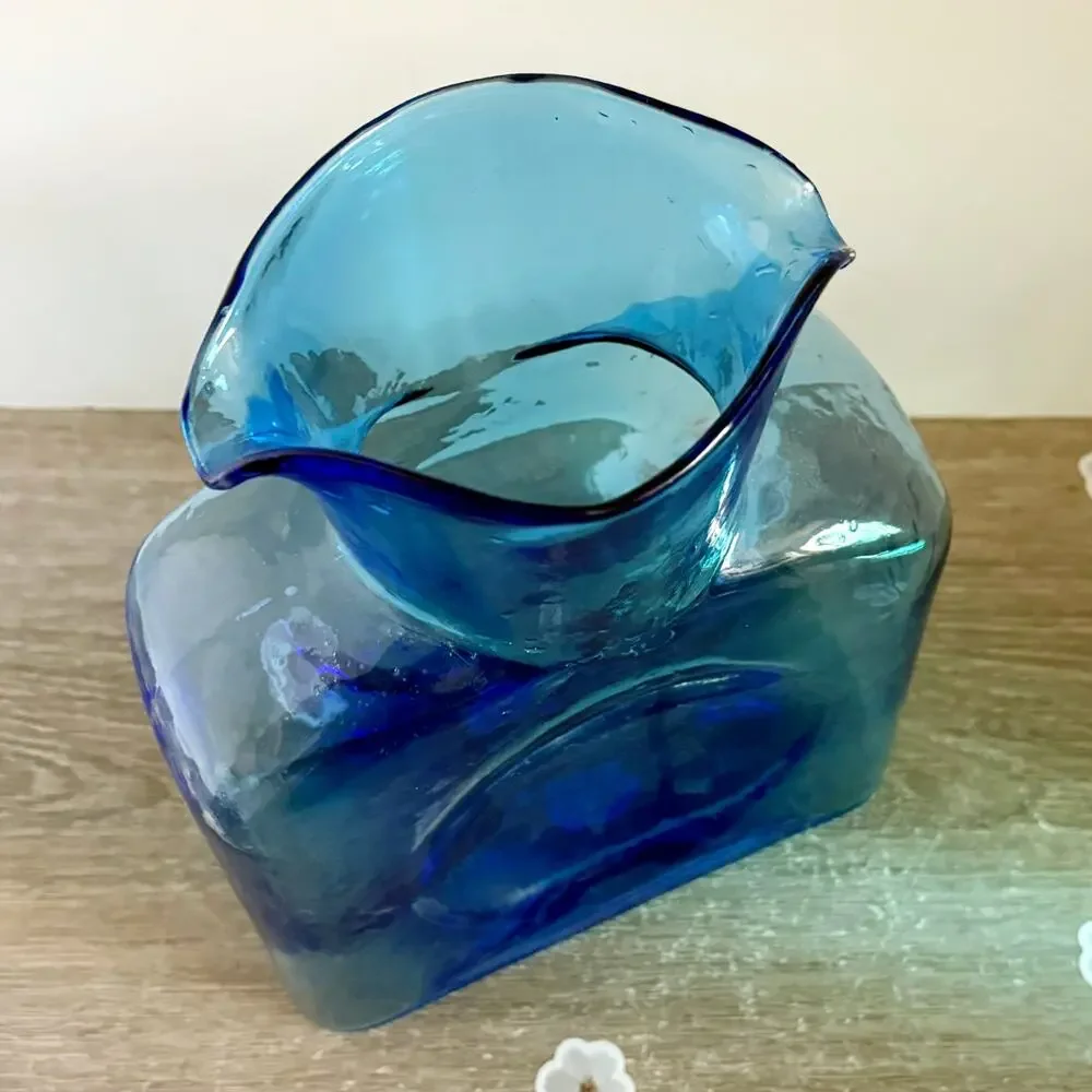 Vintage Blenko Art Glass Azure Blue Double Spout Water Bottle Pitcher Carafe 8